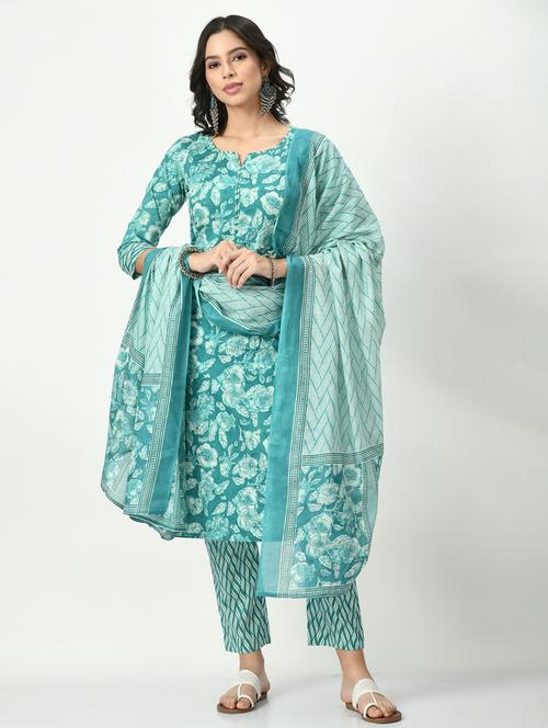 turquoise three quarter sleeve kurta pant set - 20416959 - Standard Image - 0