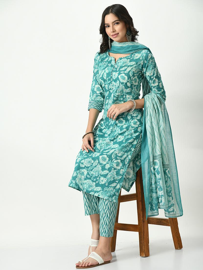 turquoise three quarter sleeve kurta pant set - 20416959 - Standard Image - 3