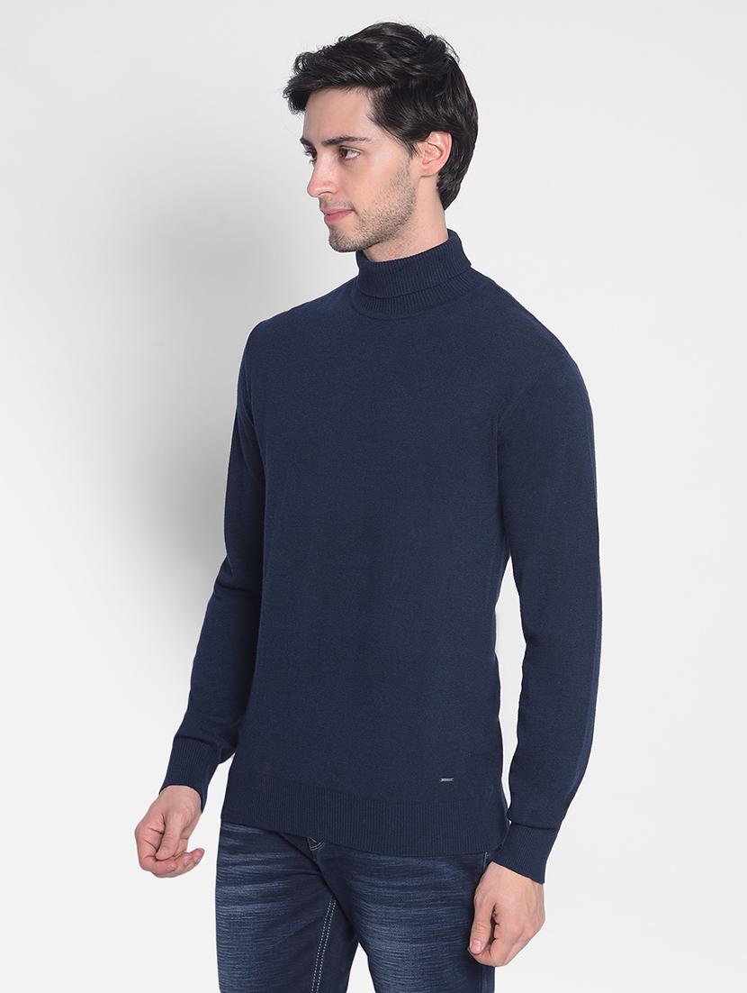 men solid navy blue viscose pullover