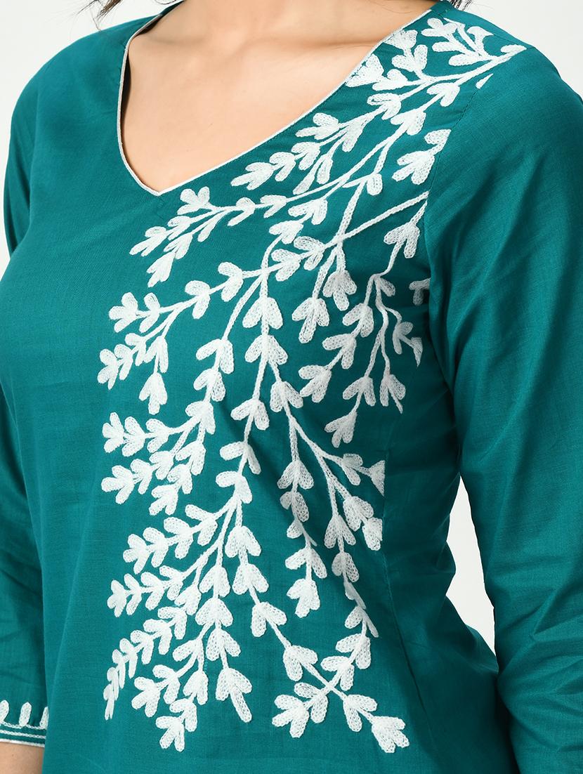 teal three quarter sleeve straight kurti - 20417055 - Standard Image - 5
