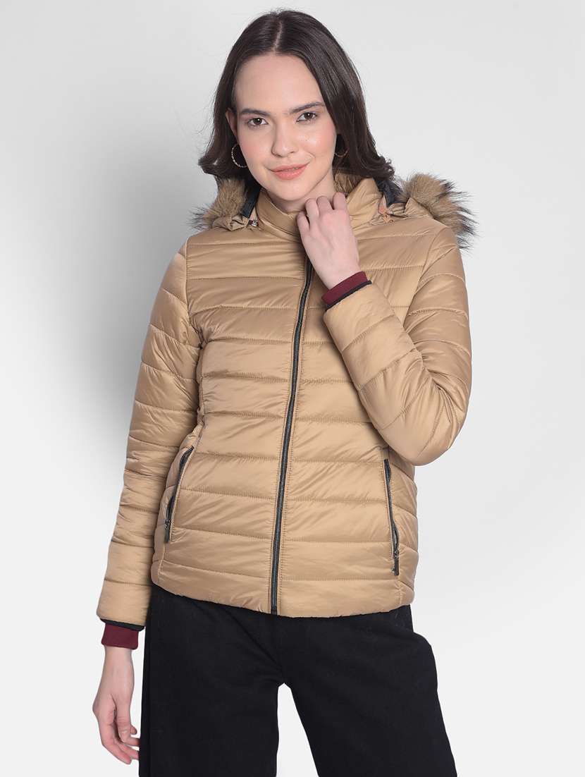 beige solid bomber hooded jacket - 20417165 - Zoom Image - 0