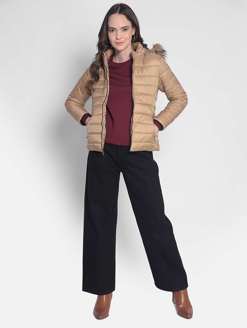beige solid bomber hooded jacket - 20417165 - Standard Image - 3