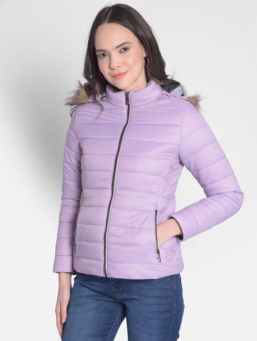 lavender solid bomber hooded jacket