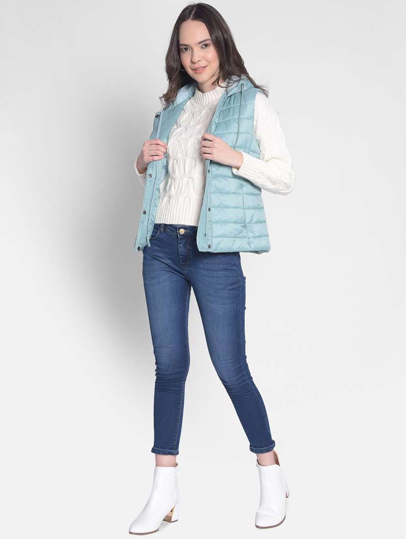 light blue solid bomber sleeveless jacket - 20417167 -  Standard Image - 3