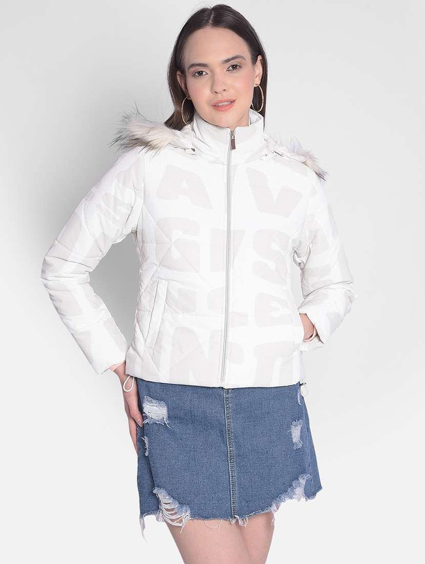 women white polyester quilted & padded jacket