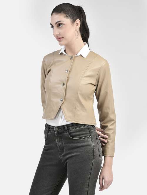 women beige poly blend leather/leatherette jacket - 20417181 - Standard Image - 0