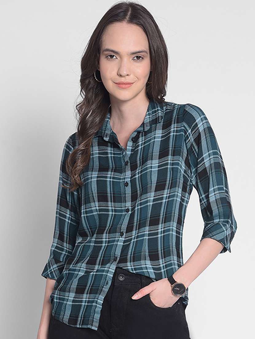 teal checkered print regular shirt - 20417197 -  Zoom Image - 0