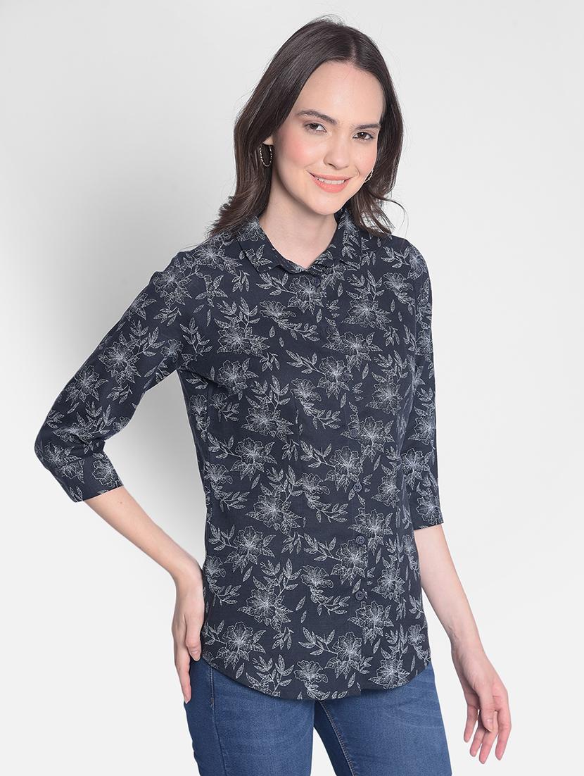 navy blue floral print three quater sleeves shirt - 20417202 - Zoom Image - 0