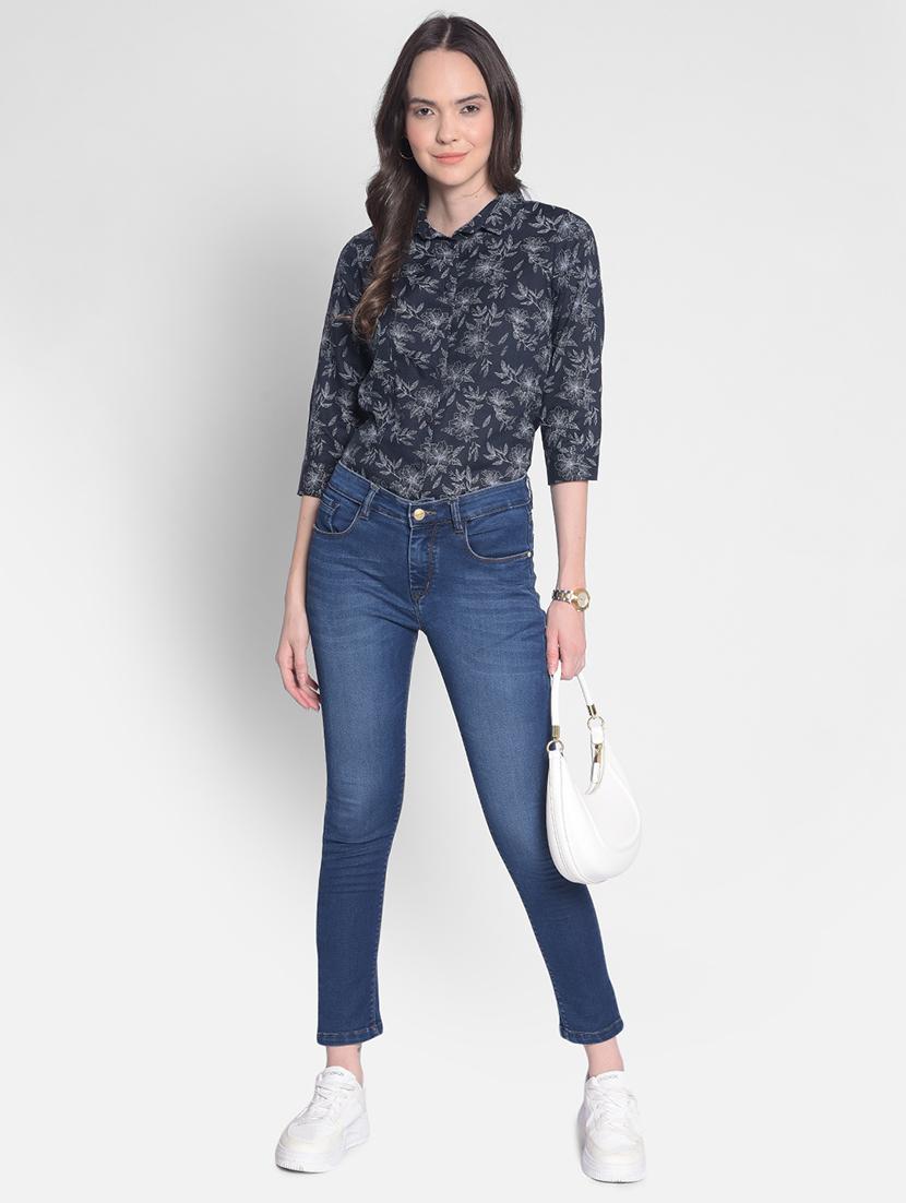 navy blue floral print three quater sleeves shirt - 20417202 - Standard Image - 3