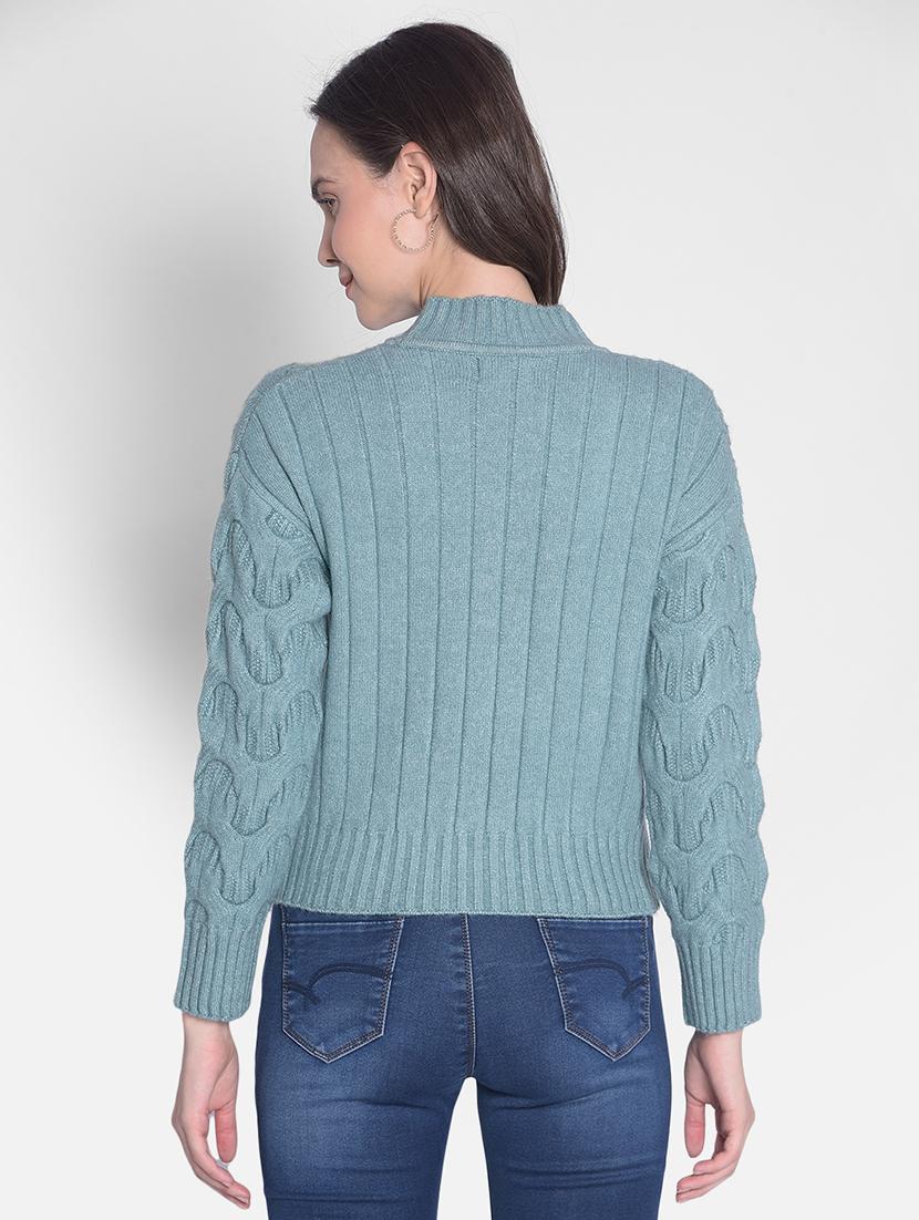 blue self designed mock neck pullover - 20417250 - Standard Image - 3