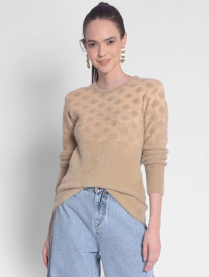 women's beige pearl embellished pullover