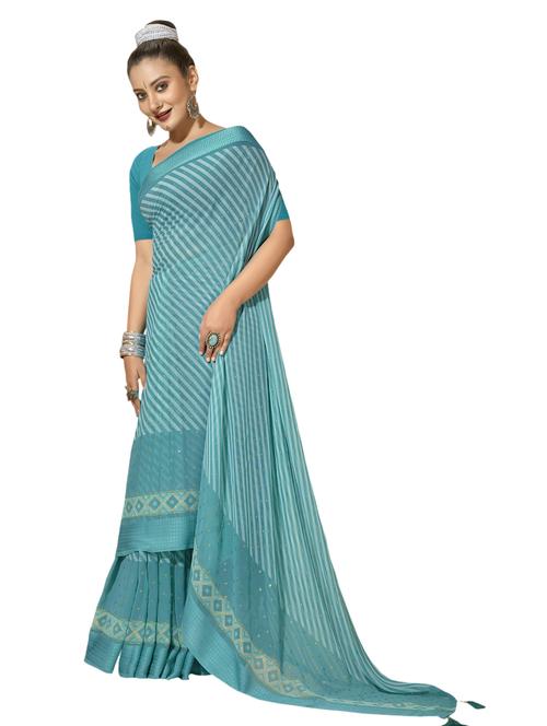 striped turquoise embellished saree with blouse - 20417310 - Standard Image - 0