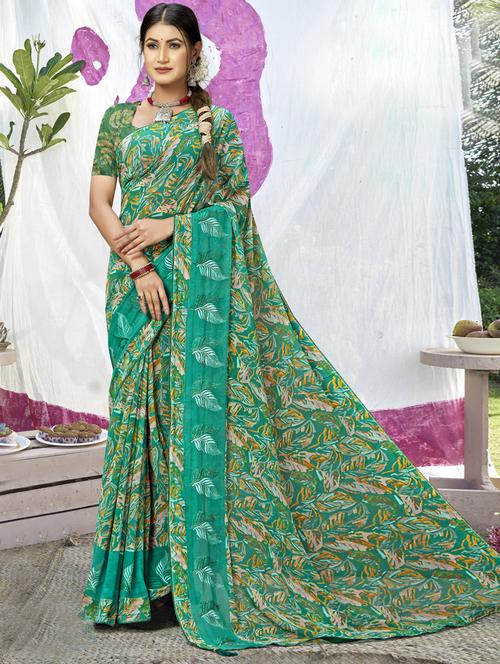 turquoise georgette printed saree with blouse - 20417315 -  Standard Image - 0