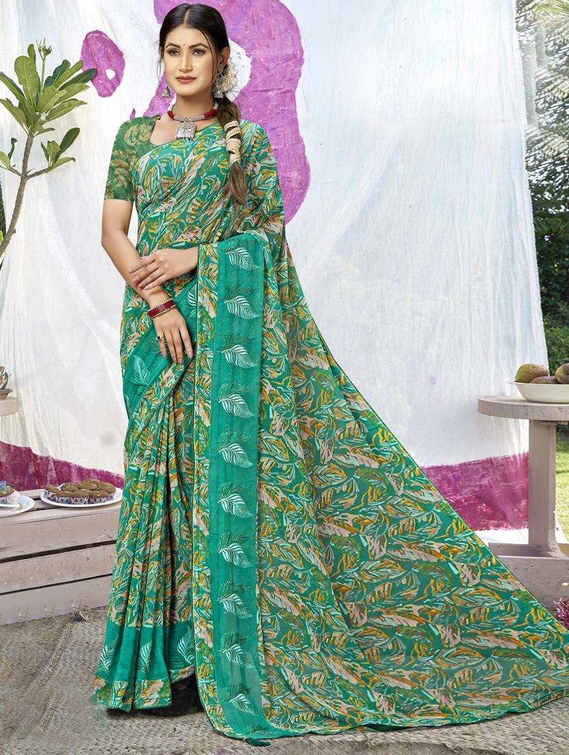 turquoise georgette printed saree with blouse - 20417315 -  Zoom Image - 0