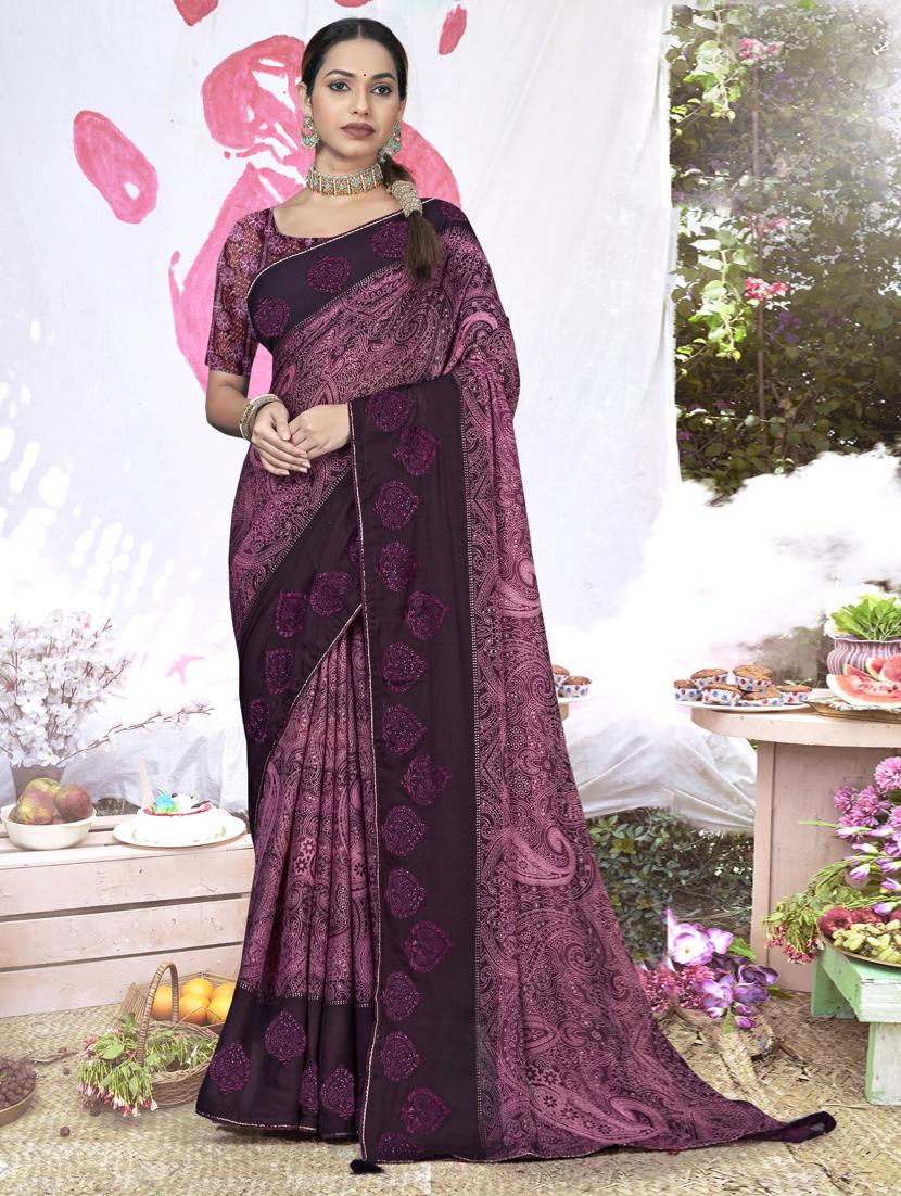 women purple printed georgette saree with blouse - 20417317 - Zoom Image - 0