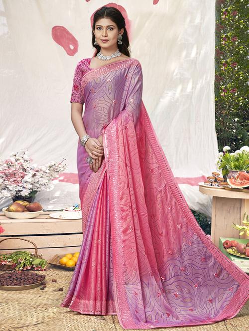 women pink & lavender sequin work embroidered saree - 20417320 - Standard Image - 0