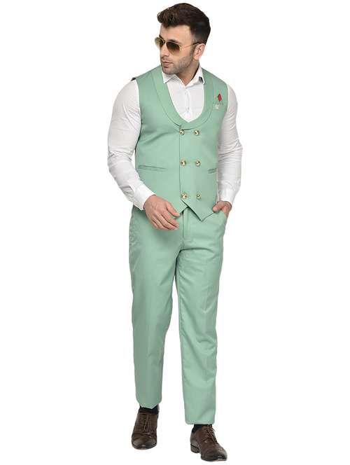 men solid sea green cotton blend 2-piece suit - 20417351 -  Standard Image - 0