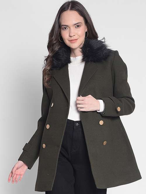 green solids full sleeves trench coat - 20417444 -  Standard Image - 0