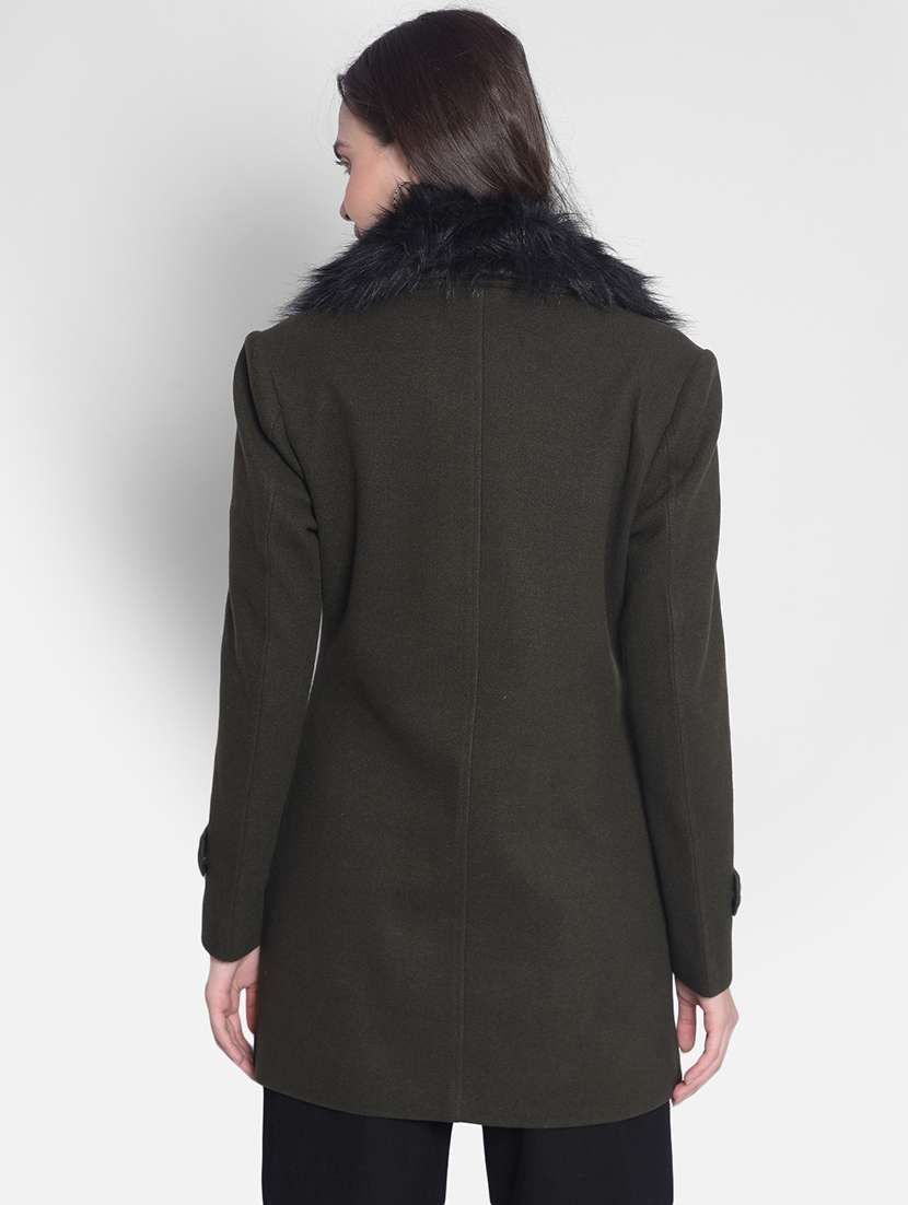 green solids full sleeves trench coat - 20417444 -  Standard Image - 3