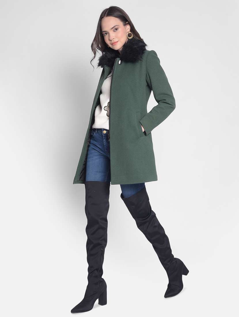 green solids full sleeves trench coat - 20417445 -  Standard Image - 3
