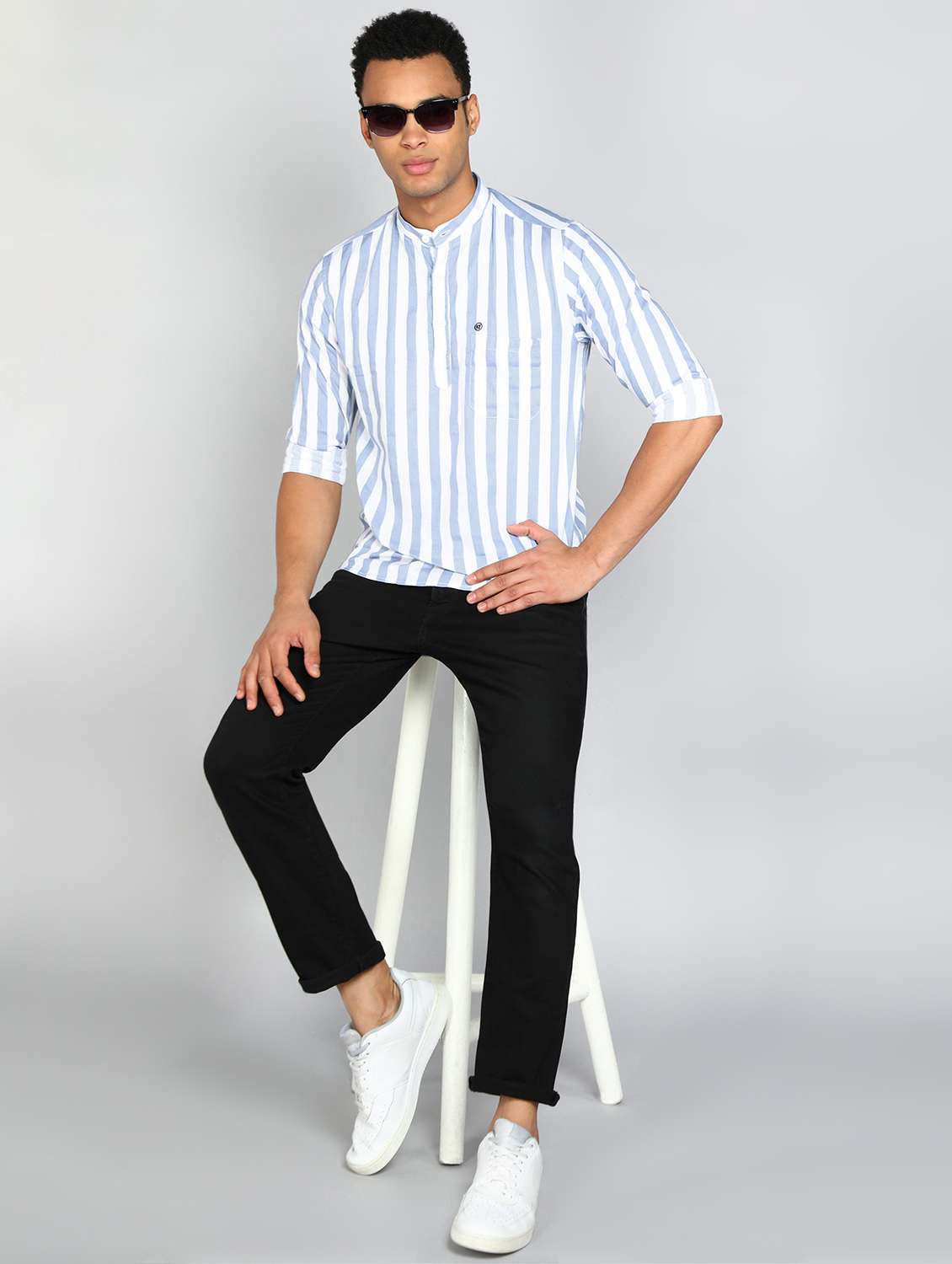 men mandarin neck striped short kurta - 20417783 -  Standard Image - 3