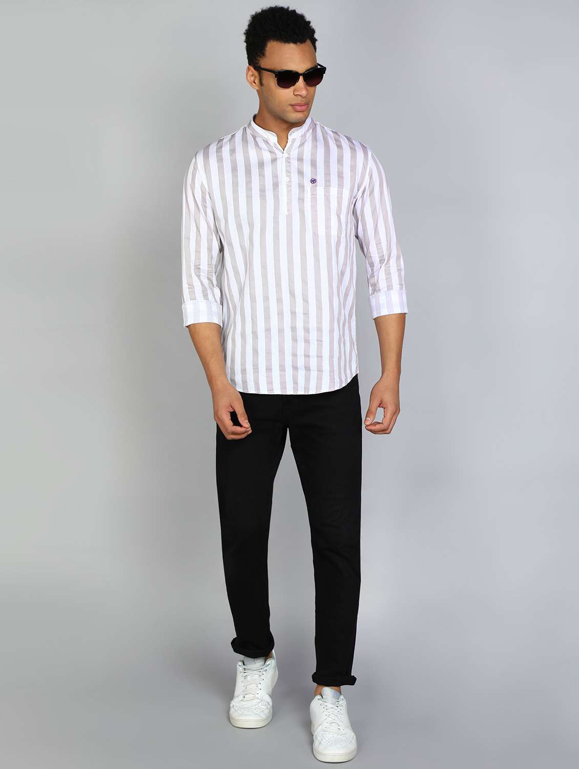 men mandarin neck striped short kurta - 20417784 -  Standard Image - 3