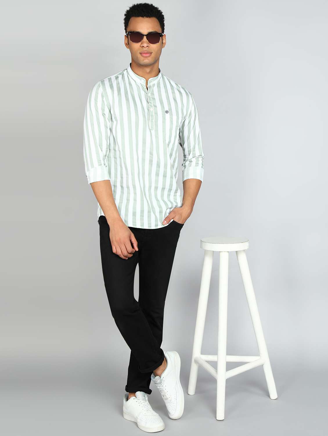 men mandarin neck striped short kurta - 20417785 -  Standard Image - 3