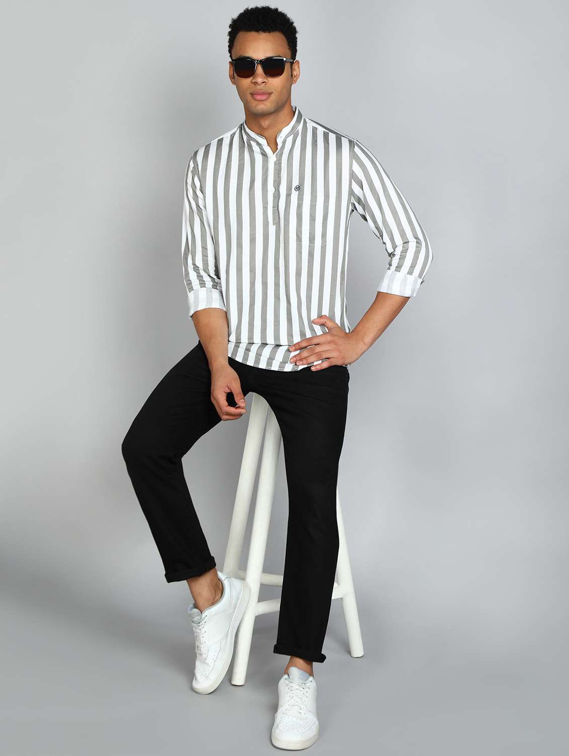 men mandarin neck striped short kurta - 20417786 -  Standard Image - 3