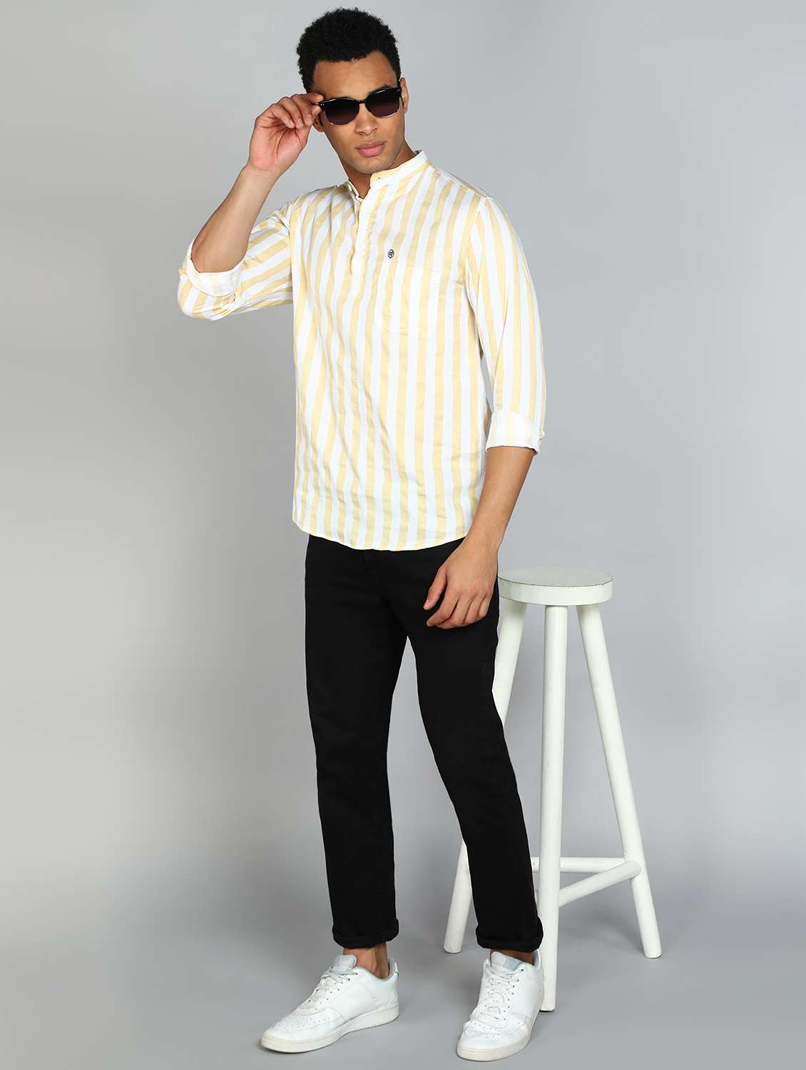 men mandarin neck striped short kurta - 20417788 -  Standard Image - 3