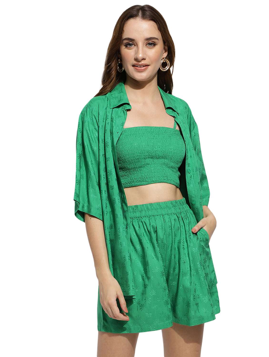 green self design top and shorts co-ord