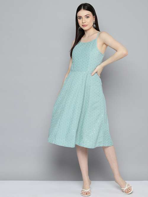 light blue embroidered a-line ethnic dress - 20418819 -  Standard Image - 0