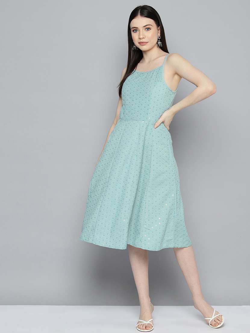 light blue embroidered a-line ethnic dress - 20418819 -  Zoom Image - 0