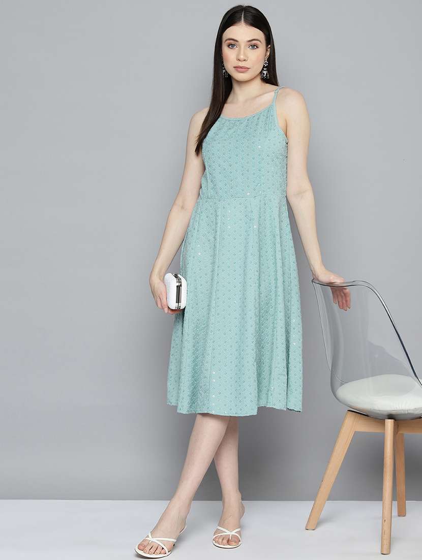 light blue embroidered a-line ethnic dress - 20418819 - Standard Image - 3