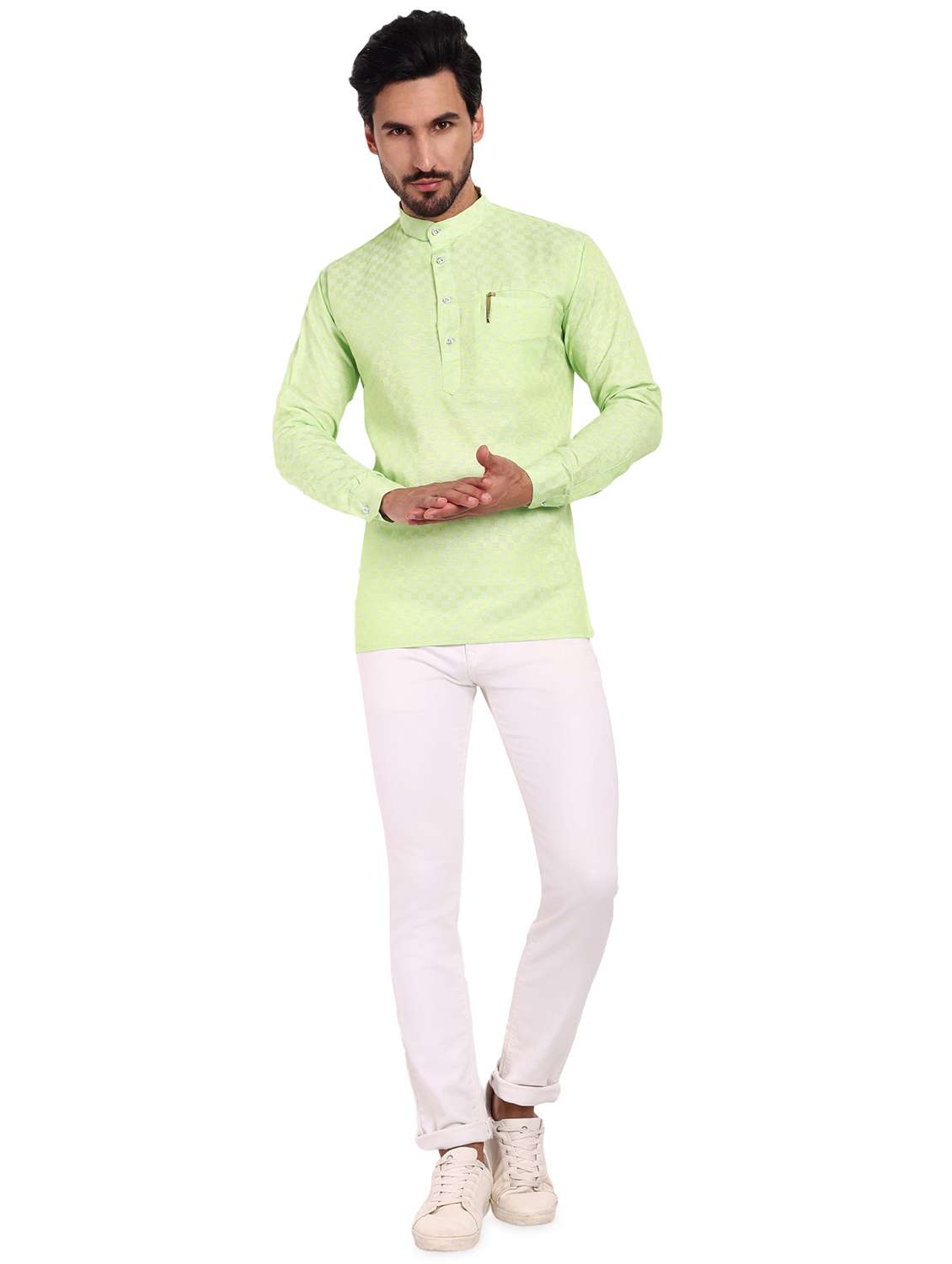 men self design cotton short kurta - 20418936 - Standard Image - 3