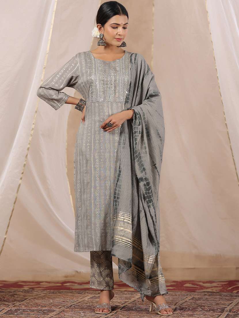 grey three quarter sleeve kurta pant set