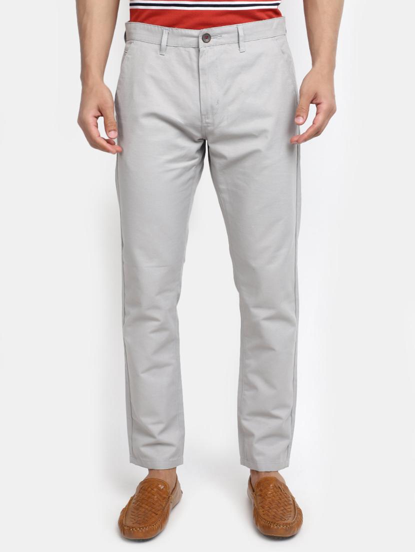 men solid grey cotton chinos regular fit casual trouser