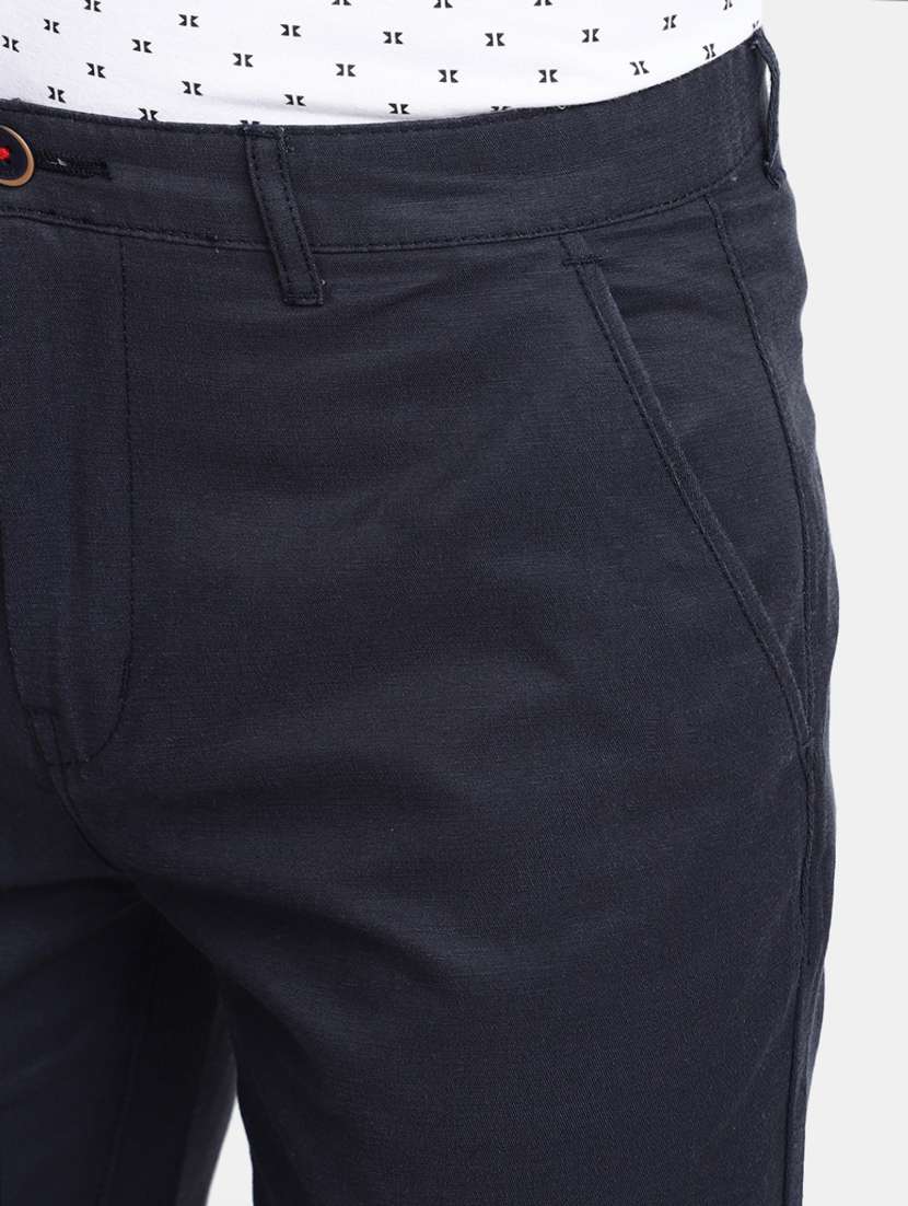 men solid navy blue cotton chinos slim fit casual trouser - 20420152 -  Standard Image - 5