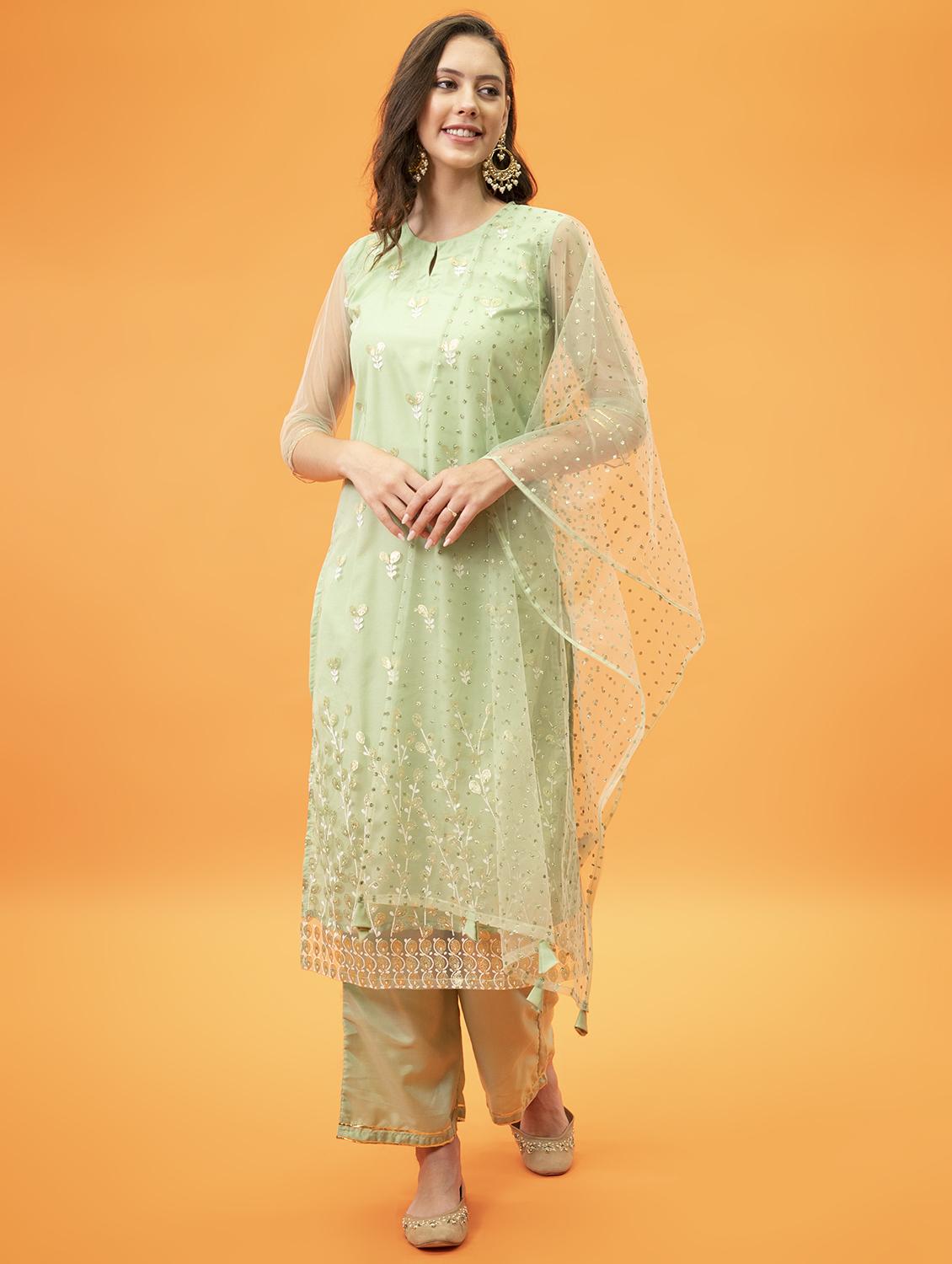 women green key hole neck kurta palazzo set with dupatta - 20420832 - Zoom Image - 0