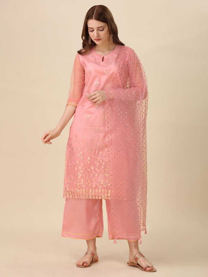 zari work peach kurta pant and dupatta set - 20420834 - Zoom Image - 0