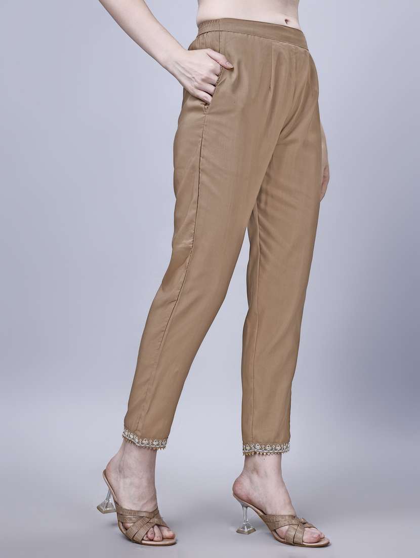 women brown key hole neck kurta pant set - 20420844 -  Standard Image - 3