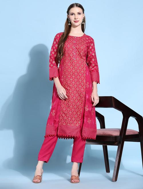 women pink round neck kurta pant set - 20420850 - Standard Image - 0