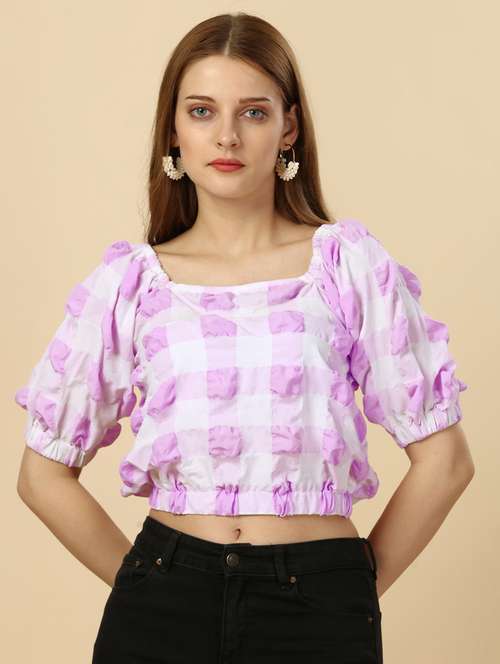 lavender & white checkered crop top - 20420893 - Standard Image - 0