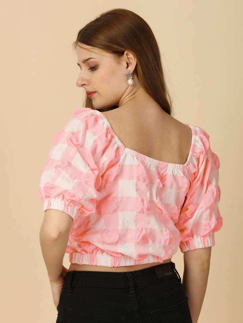 peach & white checkered crop top - 20420895 -  Standard Image - 3