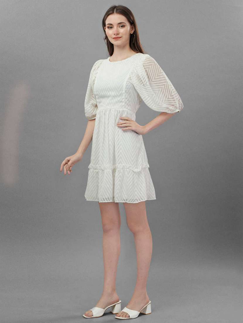 optic white self design fit & flare dress - 20420904 - Zoom Image - 0