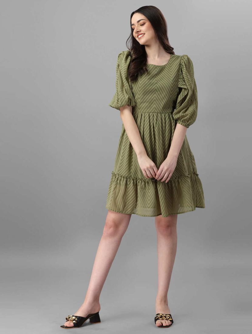 olive chevron fit & flare dress - 20420905 - Zoom Image - 0