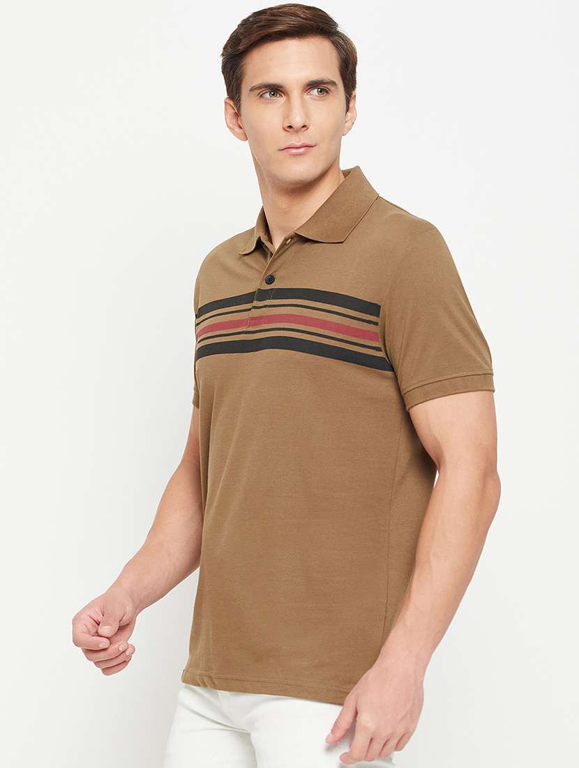 men striped brown cotton blend polo t-shirt