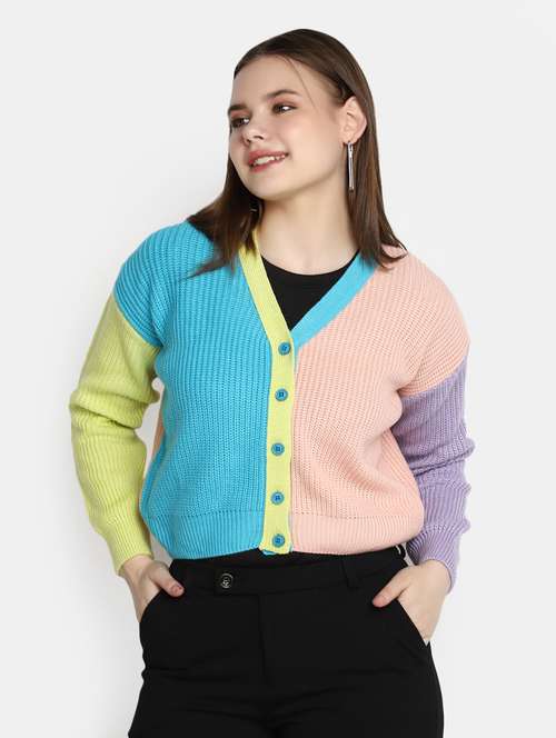 women's color blocked acrylic cardigan - 20422616 -  Standard Image - 0