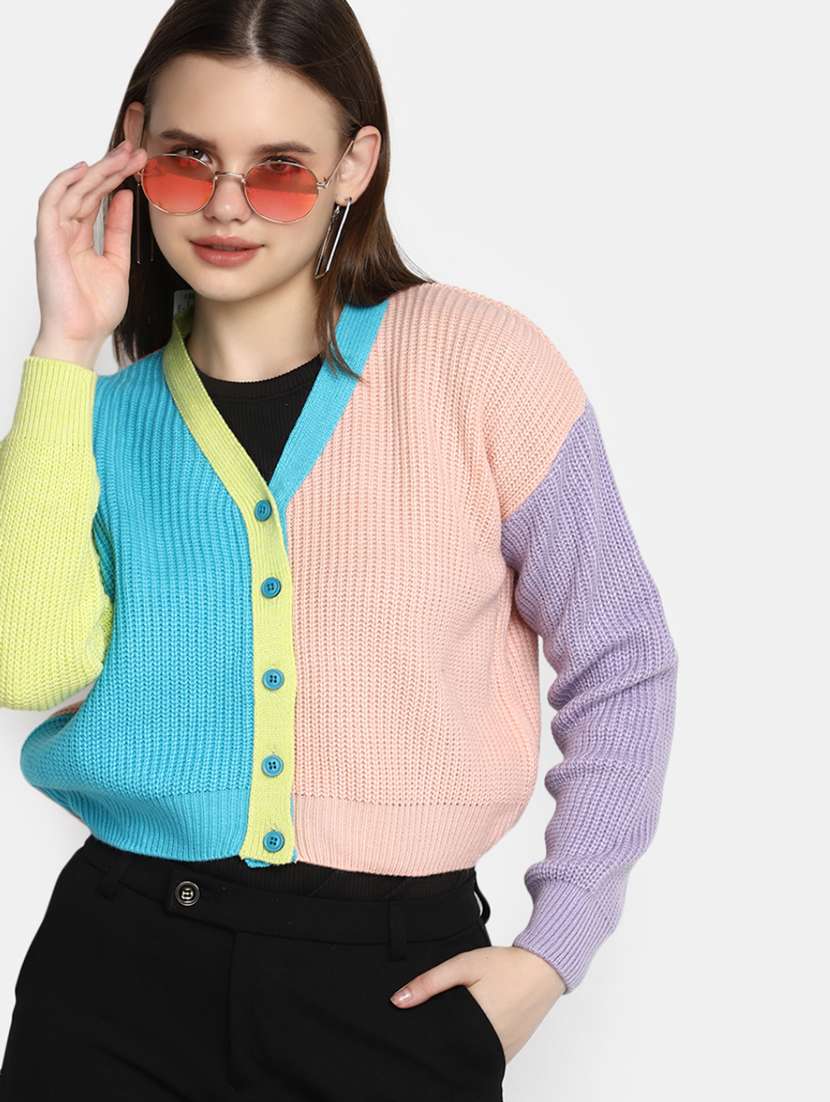 women's color blocked acrylic cardigan - 20422616 -  Standard Image - 3