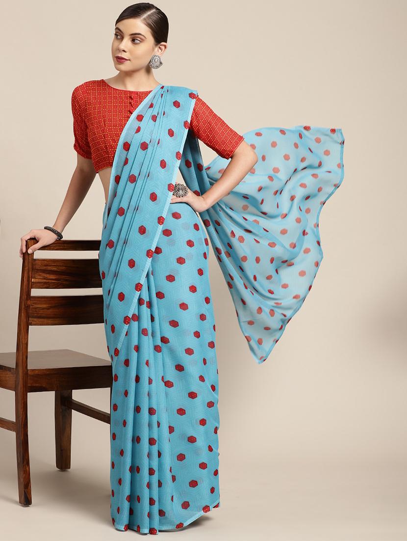 women's geometric light blue colored saree with blouse - 20424657 - Zoom Image - 0