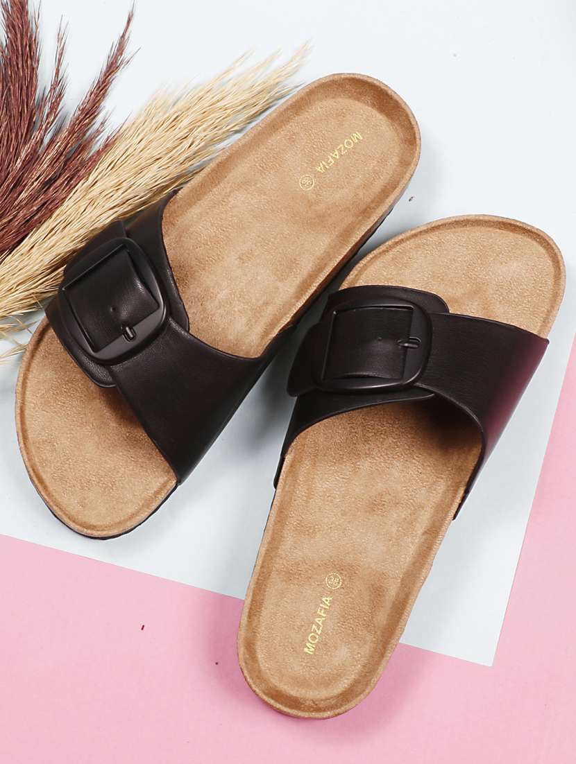 women solid black slip on flat sandal - 20425023 - Zoom Image - 0